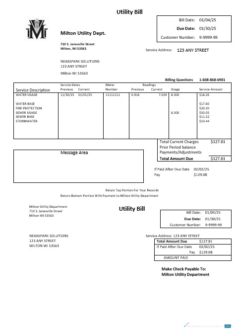 USA Massachusetts Milton Utility Dept water business utility bill template in Word and PDF formats